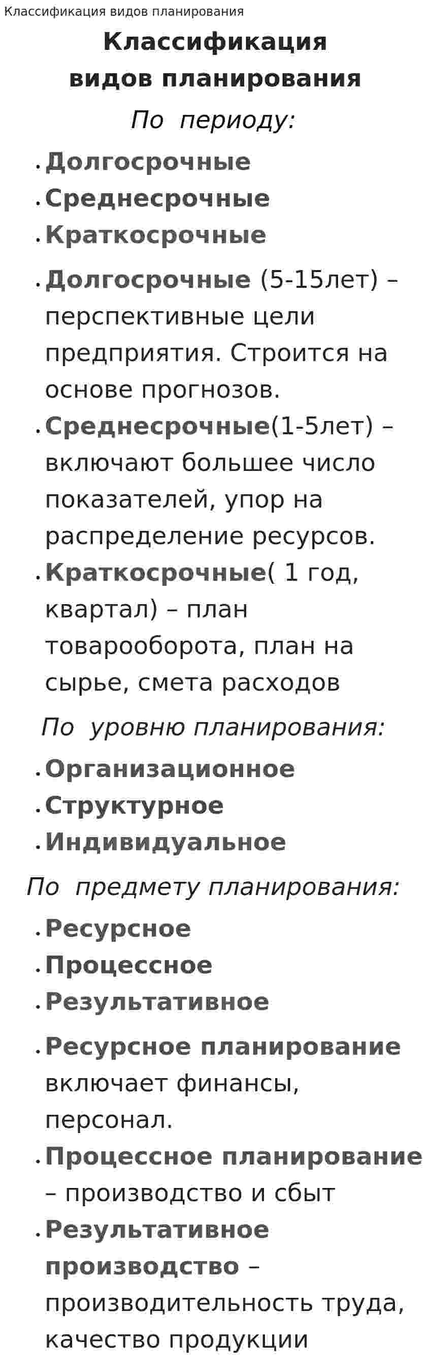 Классификация видов планирования