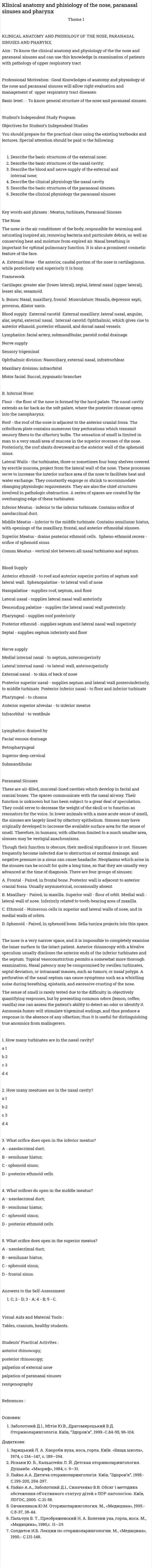 Klinical anatomy and phisiology of the nose, paranasal sinuses and pharynx