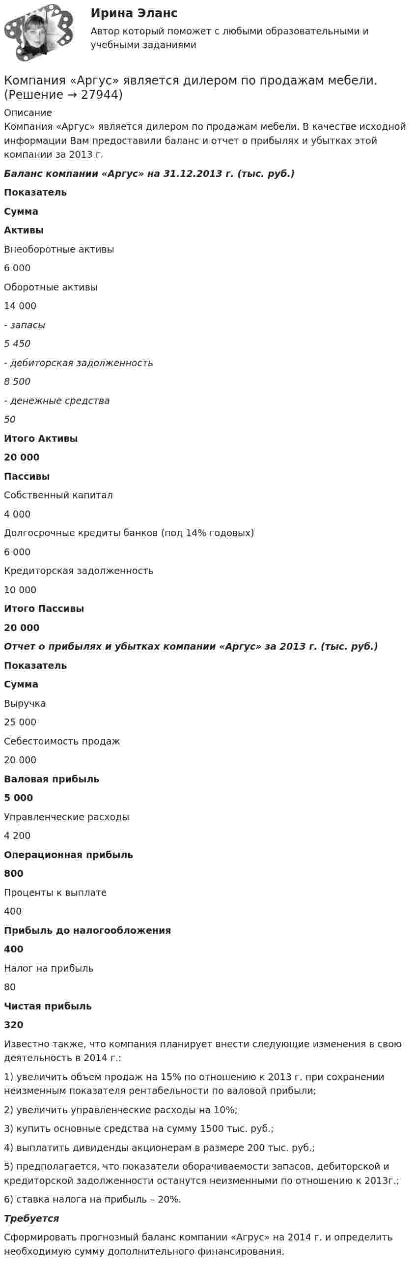     
          Описание
          Компания «Аргус» является дилером по продажам мебели. В качестве исходной информации Вам предоставили баланс и отчет о прибылях и убытках этой компании за 2013 г. Баланс компании «Аргус» на 31.12.2013 г. (тыс. руб.) Показатель Сумма Активы     Внеоборотные активы 6 000   Оборотные активы 14 000  - запасы 5 450  - дебиторская задолженность 8 500  - денежные средства 50 Итого Активы 20 000 Пассивы               Собственный капитал 4 000   Долгосрочные кредиты банков (под 14% годовых) 6 000   Кредиторская задолженность 10 000 Итого Пассивы 20 000   Отчет о прибылях и убытках компании «Аргус» за 2013 г. (тыс. руб.) Показатель Сумма   Выручка 25 000   Себестоимость продаж 20 000 Валовая прибыль 5 000   Управленческие расходы 4 200 Операционная прибыль 800   Проценты к выплате 400 Прибыль до налогообложения 400   Налог на прибыль 80 Чистая прибыль 320  	Известно также, что компания планирует внести следующие изменения в свою деятельность в 2014 г.:	1) увеличить объем продаж на 15% по отношению к 2013 г. при сохранении неизменным показателя рентабельности по валовой прибыли;	2) увеличить управленческие расходы на 10%;	3) купить основные средства на сумму 1500 тыс. руб.;	4) выплатить дивиденды акционерам в размере 200 тыс. руб.;	5) предполагается, что показатели оборачиваемости запасов, дебиторской и кредиторской задолженности останутся неизменными по отношению к 2013г.;	6) ставка налога на прибыль – 20%. Требуется	Сформировать прогнозный баланс компании «Агрус» на 2014 г. и определить необходимую сумму дополнительного финансирования.  
            
            
            Компания «Аквастрой» начала строительство нового спортивного комплекса. Местные жители были крайне недовольны данной деятельностью, повлекшей за собой шум, пыль и другие негативные явления, которые к тому же отрицательно сказывались на их здоровье.Компания «Аргус» является дилером по продажам мебели.Компания «Дельта», специализирующаяся на производстве торгового оборудования, столкнулась с проблемой усиления ценовой конкуренции. Решением руководства стало снижение цен на выпускаемую продукцию за счет управления издержками. Компания занимается выпуском шампанского в бутылках емкостью 750 мл. Завод компании Компания занимается производством теле- и видеоаппаратуры, постоянно совершенствуя свой товар. Менеджмент фирмы думает только о совершенствовании товарной политики, а не о спросе на него. На какой концепции маркетинга основана деятельность даннойКомпания «МИАМ» ведет переговоры с двумя банками по поводу кредита 1 млн. руб. Компания «Нора» является одним из крупнейших производителей батареек. Для изготовления используется большое количество свинца, который оказывает вредное воздействие. В результате, производитель ввел запрет на использование труда инвалидов, чтобы «Компания ECS владеет Re:Store – сетью фирменных магазинов техники Apple, объединяющей около 40 торговых точек в 12 городах. По официальным данным компании, оборот сети в 2018 финансовом году составил 61 млн долл. По данным участников рынка, ReКомпания Fred’s Shop имеет остаток текущей дебиторской задолженности в размере 13565$. В конце только что кончившегося года выручка составила 94300$. Какова оборачиваемость дебиторской задолженности  Период погашения дебиторской задолженностиКомпания Industrial Forms & Labels, Inc (IFL) − это небольшая частная фирма, занимающаяся сбытом бланков, этикеток и прочей сопутствующей продукции. Дейв Оливетти, владелец и президент компании, начал свой бизнес в 1971 году вместе со своей женой. До этого он проработал восемь лет продавцом в региональном представительстве компании такого же профиля.Компания №1 имеет рейтинг «А», компания №2 имеет рейтинг «ВВВ». Компании выпускают облигации сроком на 3 года. По облигациям какой компании инвесторы будут требовать более высокой доходностиКомпания Prokter & Gamble Co.Компания Sumsung производит косметику, бытовую химию, электронику, автомобили, белье, одежду. Это разнообразие сфер деятельности имеет место благодаря тому, что Sumsung образует конгломерат, покупая другие компании, специализирующиеся в различныхКомпания Y недавно пережила трудные времена, вызванные неграмотной стратегией исполнительного директора. Компания понесла значительные финансовые потери и была на грани банкротства. Удалось избежать текучки кадров. Сотрудники сплотились вок