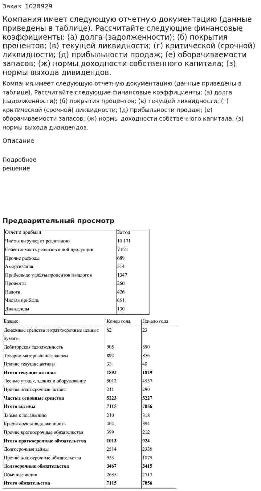 Компания имеет следующую отчетную документацию (данные приведены в таблице). Рассчитайте следующие финансовые коэффициенты: (а) долга (задолженности); (б) покрытия процентов; (в) текущей ликвидности; (г) критической (срочной) ликвидности; (д) прибыльности продаж; (е) оборачиваемости запасов; (ж) нормы доходности собственного капитала; (з) нормы выхода дивидендов.  