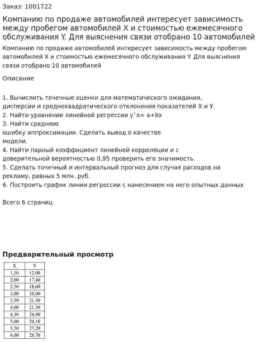 Компанию по продаже автомобилей интересует зависимость между пробегом автомобилей X и стоимостью ежемесячного обслуживания Y. Для выяснения связи отобрано 10 автомобилей 