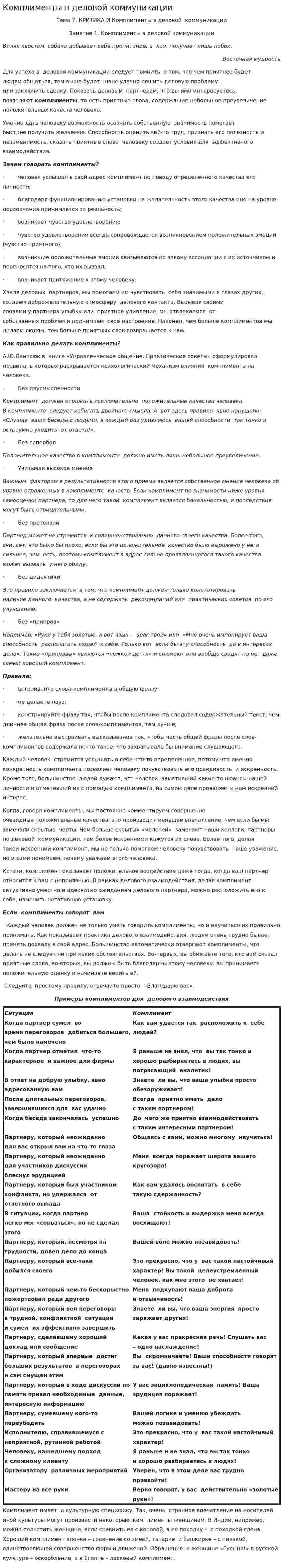 Комплименты в деловой коммуникации