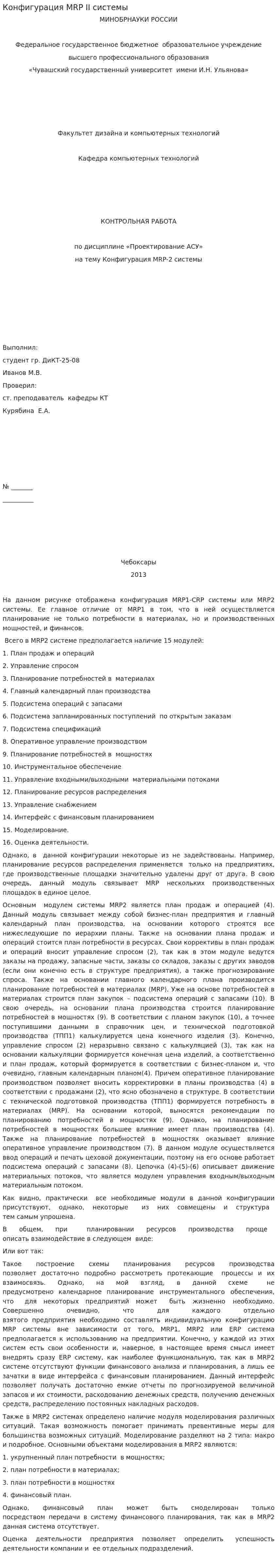 Конфигурация MRP II системы