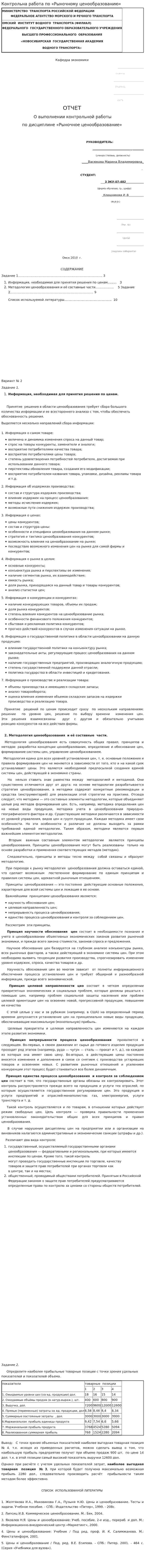 Контрольна работа по «Рыночному ценообразованию»
