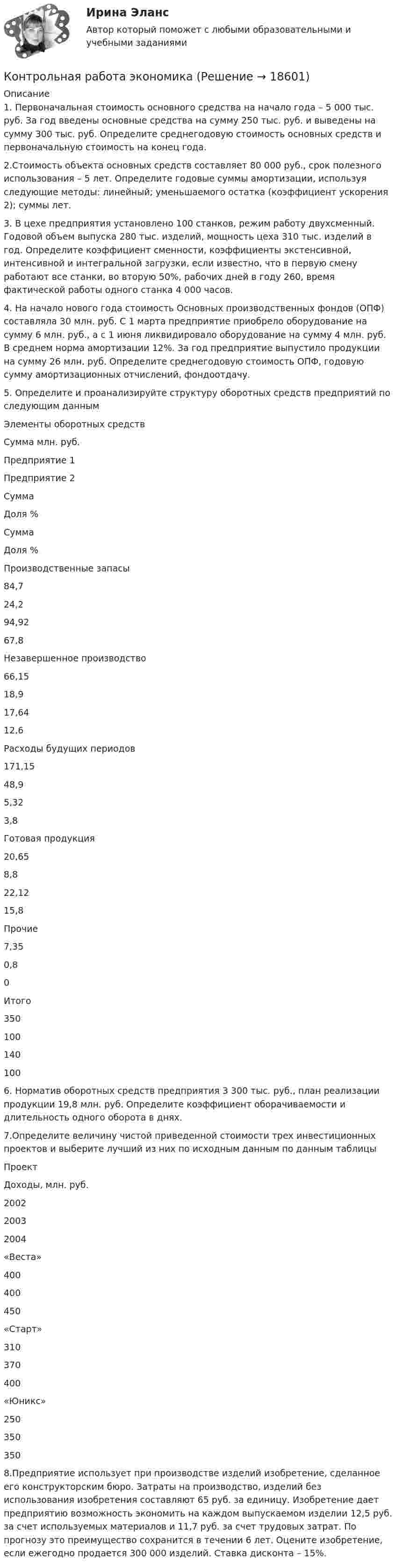      
          Описание
          1.    Первоначальная стоимость основного средства на начало года – 5 000 тыс. руб. За год введены основные средства на сумму 250 тыс. руб. и выведены на сумму 300 тыс. руб. Определите среднегодовую стоимость основных средств и первоначальную стоимость на конец года.2.Стоимость объекта основных средств составляет 80 000 руб., срок полезного использования – 5 лет. Определите годовые суммы амортизации, используя следующие методы: линейный; уменьшаемого остатка (коэффициент ускорения 2); суммы лет. 3.  В цехе предприятия установлено 100 станков, режим работу двухсменный. Годовой объем выпуска 280 тыс. изделий, мощность цеха 310 тыс. изделий в год. Определите коэффициент сменности, коэффициенты экстенсивной, интенсивной и интегральной загрузки, если известно, что в первую смену работают все станки, во вторую 50%, рабочих дней в году 260, время фактической работы одного станка 4 000 часов.4. На начало нового года стоимость Основных производственных фондов (ОПФ) составляла 30 млн. руб. С 1 марта предприятие приобрело оборудование на сумму 6 млн. руб., а с 1 июня ликвидировало оборудование на сумму 4 млн. руб. В среднем норма амортизации 12%. За год предприятие выпустило продукции на сумму 26 млн. руб. Определите среднегодовую стоимость ОПФ, годовую сумму амортизационных отчислений, фондоотдачу.5. Определите и проанализируйте структуру оборотных средств предприятий по следующим данным  Элементы оборотных средств Сумма млн. руб.   Предприятие 1 Предприятие 2   Сумма Доля % Сумма Доля %   Производственные запасы 84,7 24,2 94,92 67,8   Незавершенное производство 66,15 18,9 17,64 12,6   Расходы будущих периодов 171,15 48,9 5,32 3,8   Готовая продукция 20,65 8,8 22,12 15,8   Прочие 7,35 0,8 0    Итого 350 100 140 100  6. Норматив оборотных средств предприятия 3 300 тыс. руб., план реализации продукции 19,8 млн. руб. Определите коэффициент оборачиваемости и длительность одного оборота в днях.7.Определите величину чистой приведенной стоимости трех инвестиционных проектов и выберите лучший из них по исходным данным по данным таблицы  Проект Доходы, млн. руб.   2002 2003 2004   «Веста» 400 400 450   «Старт» 310 370 400   «Юникс» 250 350 350  8.Предприятие использует при производстве изделий изобретение, сделанное его конструкторским бюро. Затраты на производство, изделий без использования изобретения составляют 65 руб. за единицу. Изобретение дает предприятию возможность экономить на каждом выпускаемом изделии 12,5 руб. за счет используемых материалов и 11,7 руб. за счет трудовых затрат. По прогнозу это преимущество сохранится в течении 6 лет. Оцените изобретение, если ежегодно продается 300 000 изделий. Ставка дисконта – 15%.  
            
            
            Контрольная работа. Эконометрика. Вариант 4. НГУЭУ,Контрольная работа экономикаконтрольная работа Экономическая оценка инвестиций 8 вариантконтрольная работа. Юридическая техникаконтрольная работа является решением ребусов, студенту предлагаются три картинки нужно объяснить их и дать ответ на поставленный вопрос.Контрольная работу по предмету Конструкционные и электротехнические материалы ТулГуКонтрольная работы по аналитической химииКонтрольная работа филологииКонтрольная работа Философская система Аристотеля. УГНТУКонтрольная работа. Финансовая математика. Вариант 4. НГУЭУ.Контрольная работа - Финансовый менеджментКонтрольная работа Финансовый менеджментКонтрольная работа Химия семестр 3 УГНТУ вариант 16Контрольная работа Хиневич