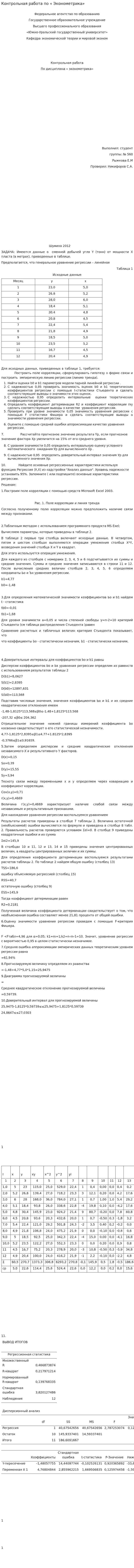 Контрольная работа по « Эконометрика»