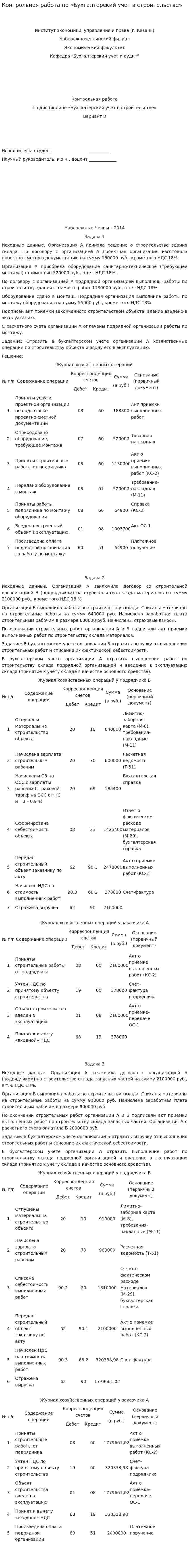 Контрольная работа по «Бухгалтерский учет в строительстве»