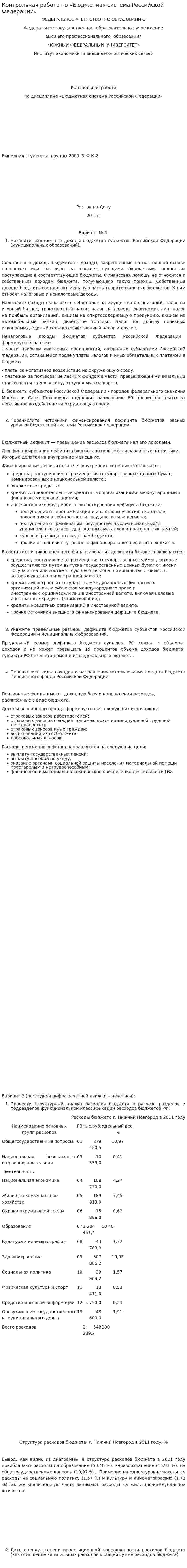 Контрольная работа по «Бюджетная система Российской Федерации»