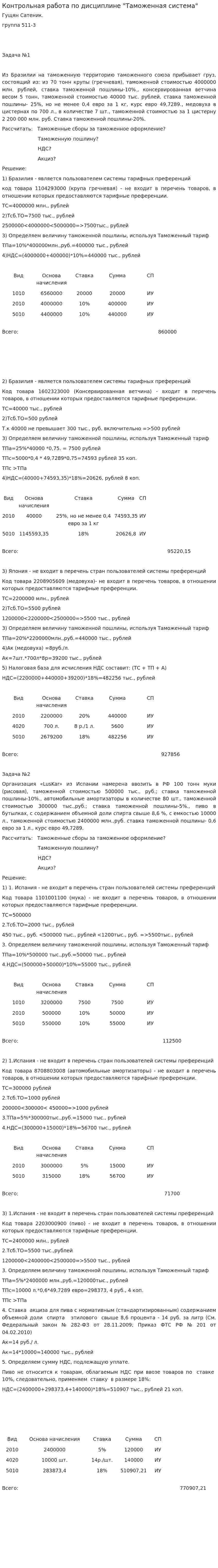 Контрольная работа по дисциплине "Таможенная система"