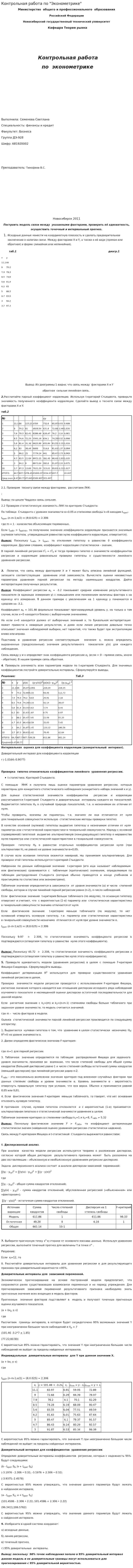 Контрольная работа по "Эконометрике". 99