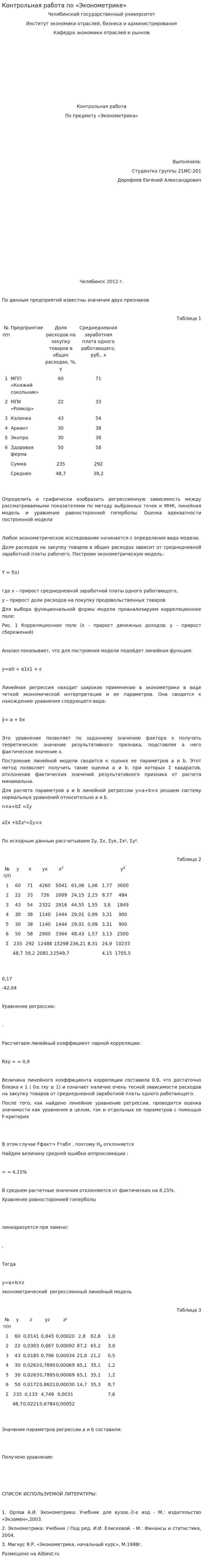 Контрольная работа по «Эконометрике»