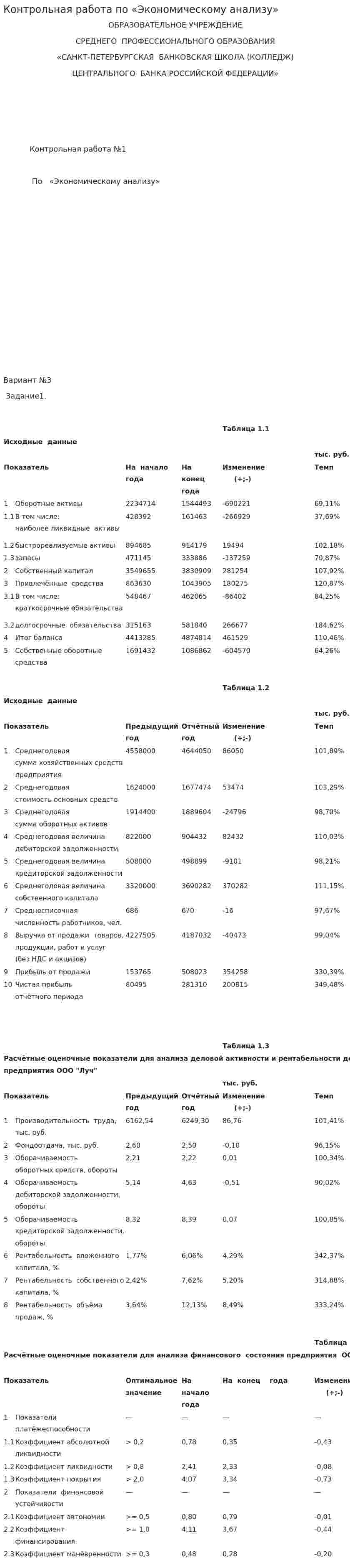 Контрольная работа по «Экономическому анализу». 4