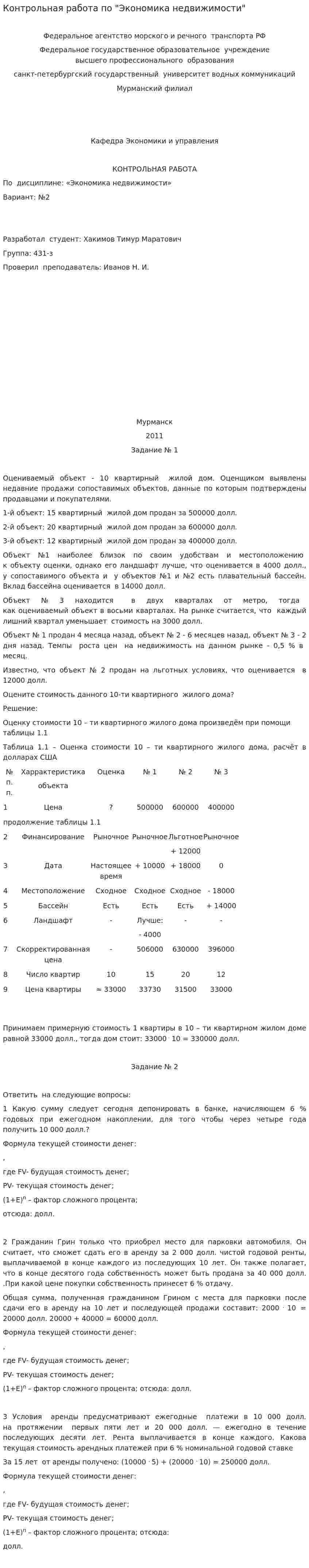 Контрольная работа по "Экономика недвижимости". 2. 2