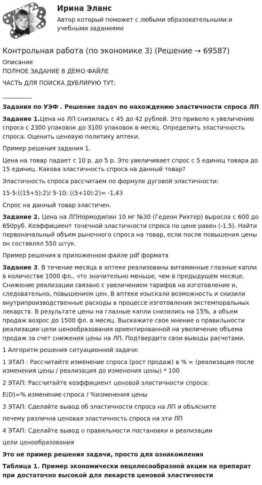    
            Описание
            	ПОЛНОЕ ЗАДАНИЕ В ДЕМО ФАЙЛЕЧАСТЬ ДЛЯ ПОИСКА ДУБЛИРУЮ ТУТ:__________Задания по УЭФ . Решение задач по нахождению эластичности спроса ЛП Задание 1.Цена на ЛП снизилась с 45 до 42 рублей. Это привело к увеличению спроса с 2300 упаковок до 3100 упаковок в месяц. Определить эластичность спроса. Оценить ценовую политику аптеки.	Пример решения задания 1.	Цена на товар падает с 10 р. до 5 р. Это увеличивает спрос с 5 единиц товара до 15 единиц. Какова эластичность спроса на данный товар?	Эластичность спроса рассчитаем по формуле дуговой эластичности:	15-5:((15+5):2)/ 5-10: ((5+10):2)= -1,43	Спрос на данный товар эластичен. Задание 2. Цена на ЛПНормодипин 10 мг №30 (Гедеон Рихтер) выросла с 600 до 650руб. Коэффициент точечной эластичности спроса по цене равен (-1,5). Найти первоначальный объем рыночного спроса на товар, если после повышения цены он составлял 550 штук.	Пример решения в приложенном файле pdf формата Задание 3. В течение месяца в аптеке реализованы витаминные глазные капли в количестве 1000 фл., что значительно меньше, чем в предыдущем месяце. Снижение реализации связано с увеличением тарифов на изготовление и, следовательно, повышением цен. В аптеке изыскали возможность и снизили внутрипроизводственные расходы в процессе изготовления экстемпоральных лекарств. В результате цены на глазные капли снизились на 15%, а объем продаж возрос до 1500 фл. в месяц. Выскажите свое мнение о правильности реализации цели ценообразования ориентированной на увеличение объема продаж за счет снижения цены на ЛП. Подтвердите свои выводы расчетами.	1 Алгоритм решения ситуационной задачи:	1 ЭТАП : Рассчитайте изменение спроса (рост продаж) в % =	(реализация после изменения цены / реализация до	изменения цены) * 100	 2 ЭТАП: Рассчитайте коэффициент ценовой эластичности спроса:	 Е(D)=% изменение спроса / %изменения цены		3 ЭТАП: Сделайте вывод об эластичности спроса на ЛП и объясните	почему различна ценовая эластичность спроса на эти ЛП	4 ЭТАП: Сделайте вывод о правильности постановки и реализации	цели ценообразованияЭто не пример решения задачи, просто для ознакомленияТаблица 1. Пример экономически нецелесообразной акции на препарат при достаточно высокой для лекарств ценовой эластичности   
            
            
            Контрольная работа по экономике. 2 файла Word + ExcelКонтрольная работа (по экономике 3)Контрольная работа  по экономике - вариант №2 Контрольная работа по экономике - вариант №7Контрольная работа по экономике недвижимости: 71 вариантКонтрольная работа по Экономике нефтяной и газовой промышленностиКонтрольная работа по экономике организации Контрольная работа по экономикеКонтрольная работа по экономикеКонтрольная работа по экономикеКонтрольная работа по экономикеКонтрольная работа по экономикеКонтрольная работа по экономикеКонтрольная работа по экономике