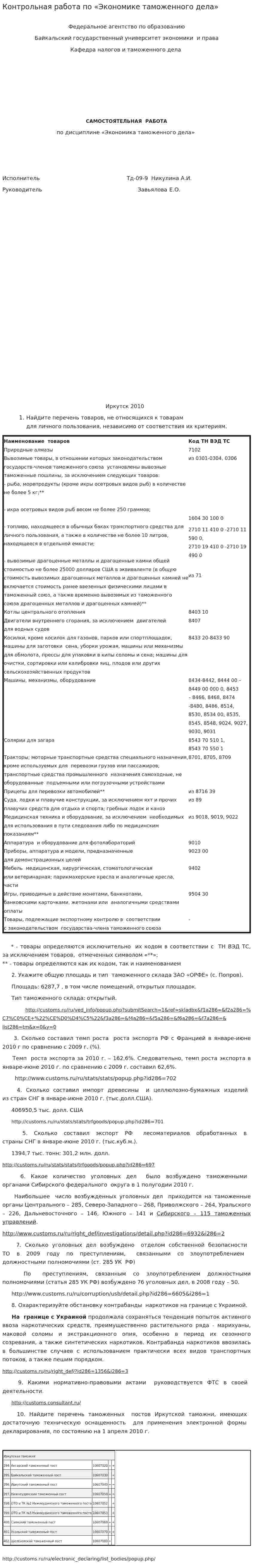Контрольная работа по «Экономике таможенного дела»