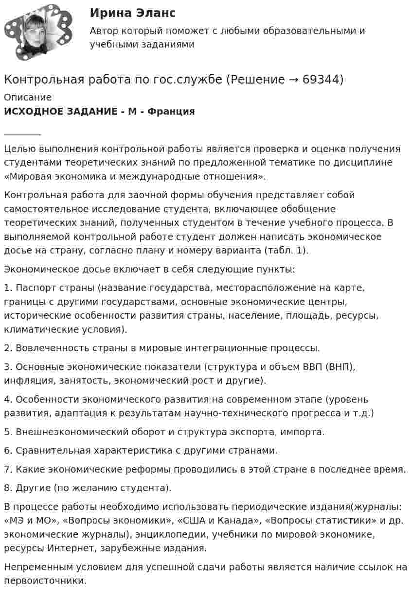     
            Описание
            ИСХОДНОЕ ЗАДАНИЕ  -  М - Франция________	Целью выполнения контрольной работы является проверка и оценка получения студентами теоретических знаний по предложенной тематике по дисциплине «Мировая экономика и международные отношения». 	Контрольная работа для заочной формы обучения представляет собой самостоятельное исследование студента, включающее обобщение теоретических знаний, полученных студентом в течение учебного процесса. В выполняемой контрольной работе студент должен написать экономическое досье на страну, согласно плану и номеру варианта (табл. 1). 	Экономическое досье включает в себя следующие пункты: 	1. Паспорт страны (название государства, месторасположение на карте, границы с другими государствами, основные экономические центры, исторические особенности развития страны, население, площадь, ресурсы, климатические условия). 	2. Вовлеченность страны в мировые интеграционные процессы. 	3. Основные экономические показатели (структура и объем ВВП (ВНП), инфляция, занятость, экономический рост и другие). 	4. Особенности экономического развития на современном этапе (уровень развития, адаптация к результатам научно-технического прогресса и т.д.) 	5. Внешнеэкономический оборот и структура экспорта, импорта. 	6. Сравнительная характеристика с другими странами. 	7. Какие экономические реформы проводились в этой стране в последнее время. 	8. Другие (по желанию студента). 	В процессе работы необходимо использовать периодические издания(журналы: «МЭ и МО», «Вопросы экономики», «США и Канада», «Вопросы статистики» и др. экономические журналы), энциклопедии, учебники по мировой экономике, ресурсы Интернет, зарубежные издания. 	Непременным условием для успешной сдачи работы является наличие ссылок на первоисточники.   
            
            
            Контрольная работа по геологии. Почти все варианты. Квашук ГОУ ВПО «Дальневосточный государственный университет путей сообщения»Контрольная работа по гос.службеКонтрольная работа по гражданскому правуКонтрольная работа по гражданскому правуКонтрольная работа по гражданскому правуКонтрольная работа по гражданскому правуКонтрольная работа по гражданскому правуКонтрольная работа по высшей математике 3,4  вариант 17Контрольная работа по высшей математике Вариант №10 (8 заданий) 1. Найти пределы: 1.10 а) ; б) . 2. Исследовать функцию на непрерывность. Указать точки разрыва, определить их род. Сделать схематический чертёж. 2.10 . 3. Найти производную функции y по x, заданной явно, неявно или параметрически. 3.10 а) y = ctg33x – 3корень(arctgx) • 2x2; б) ln(y + 1) – x2y2 – 2x3 = 0.Контрольная работа по высшей математике Вариант №3 Задания 3,4,5,6,7,8,9,10,11,12 3. а) Вычислить производную функции: y(x) = sin23x. б) Найти экстремумы функции: y(x) = x3 – 6x2 + 3x. в) Найти приближённые значения функции без калькулятора:контрольная работа по вычислительной математикеКонтрольная работа по вычислительной математикеконтрольная работа по вычислительной математике - Вариант 7контрольная работа по вычислительной математике - Вариант 7