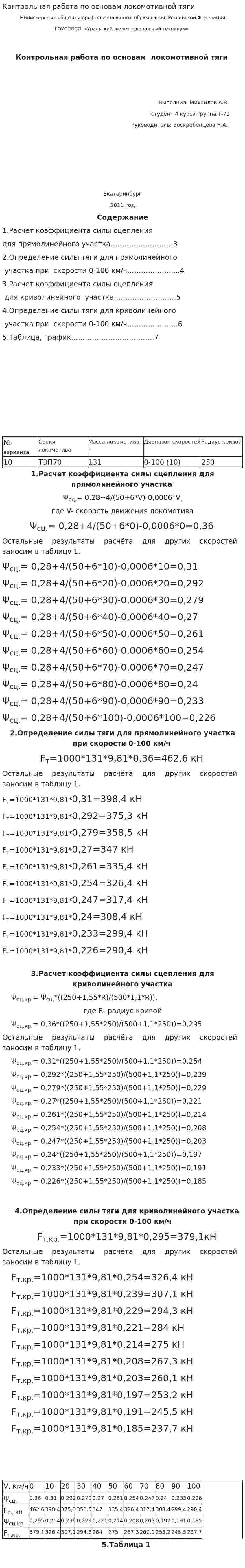 Контрольная работа по основам локомотивной тяги