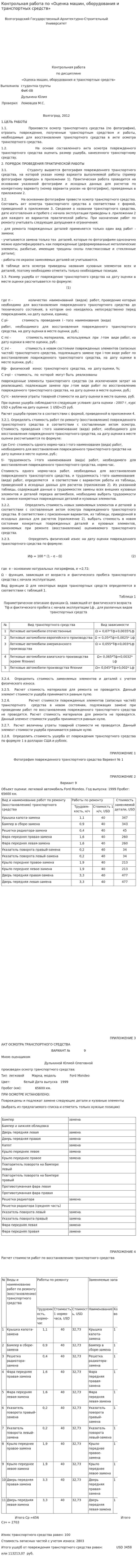 Контрольная работа по «Оценка машин, оборудования и транспортных средств»