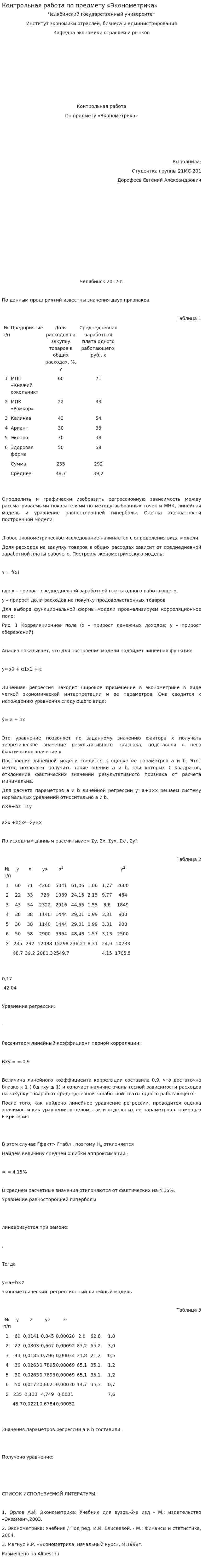 Контрольная работа по предмету «Эконометрика»