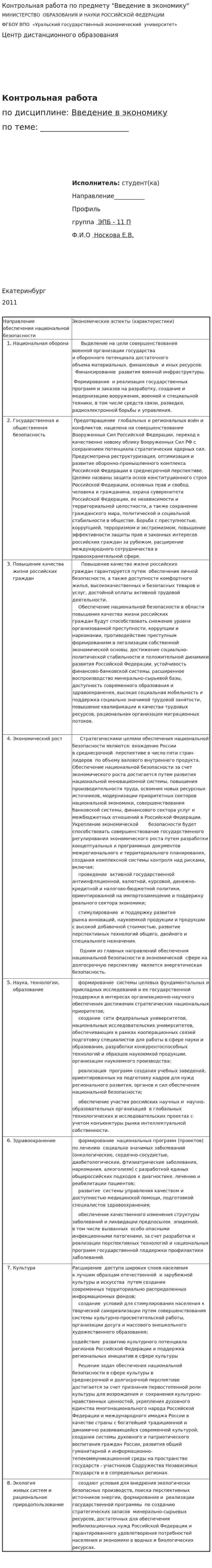 Контрольная работа по предмету "Введение в экономику"