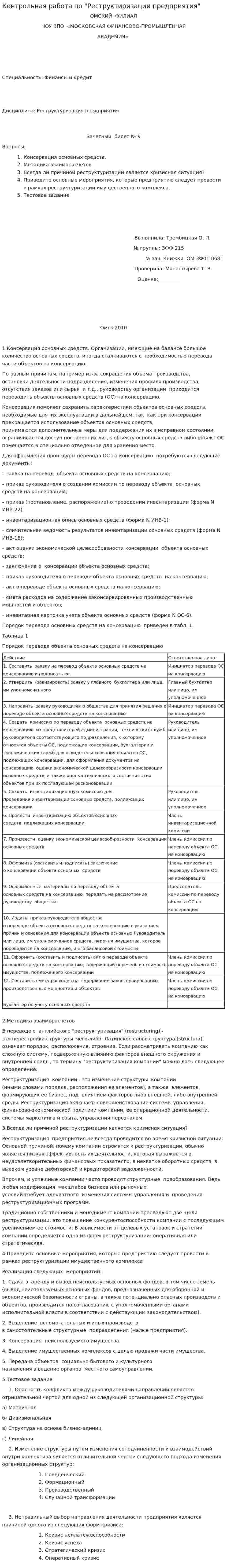 Контрольная работа по "Реструктиризации предприятия"