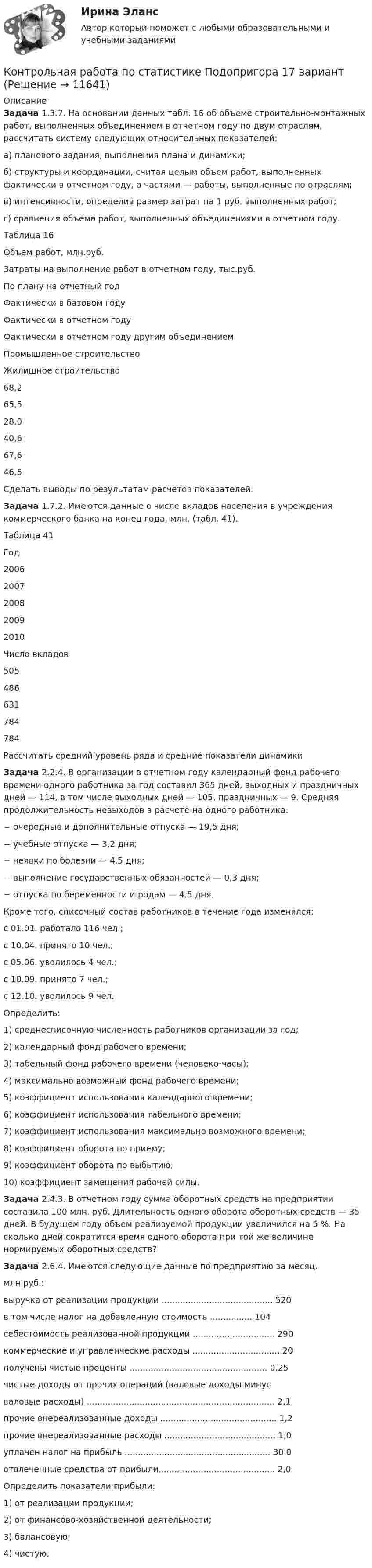      
          Описание
           Задача 1.3.7. На основании данных табл. 16 об объеме строительно-монтажных работ, выполненных объединением в отчетном году по двум отраслям, рассчитать систему следующих относительных показателей:	а) планового задания, выполнения плана и динамики;	б) структуры и координации, считая целым объем работ, выполненных фактически в отчетном году, а частями — работы, выполненные по отраслям;	в) интенсивности, определив размер затрат на 1 руб. выполненных работ;	г) сравнения объема работ, выполненных объединениями в отчетном году.	Таблица 16  Объем работ, млн.руб. Затраты на выполнение работ в отчетном году, тыс.руб.   По плану на отчетный год Фактически в базовом году Фактически в отчетном году Фактически в отчетном году другим объединением   Промышленное строительство Жилищное строительство   68,2 65,5 28,0 40,6 67,6 46,5  	Сделать выводы по результатам расчетов показателей. Задача 1.7.2. Имеются данные о числе вкладов населения в учреждения коммерческого банка на конец года, млн. (табл. 41).	Таблица 41  Год 2006 2007 2008 2009 2010   Число вкладов 505 486 631 784 784 Рассчитать средний уровень ряда и средние показатели динамики Задача 2.2.4. В организации в отчетном году календарный фонд рабочего времени одного работника за год составил 365 дней, выходных и праздничных дней — 114, в том числе выходных дней — 105, праздничных — 9. Средняя продолжительность невыходов в расчете на одного работника:	− очередные и дополнительные отпуска — 19,5 дня;	− учебные отпуска — 3,2 дня;	− неявки по болезни — 4,5 дня;	− выполнение государственных обязанностей — 0,3 дня;	− отпуска по беременности и родам — 4,5 дня.	Кроме того, списочный состав работников в течение года изменялся:	с 01.01. работало 116 чел.;	с 10.04. принято 10 чел.;	с 05.06. уволилось 4 чел.;	с 10.09. принято 7 чел.;	с 12.10. уволилось 9 чел.	Определить:	1) среднесписочную численность работников организации за год;	2) календарный фонд рабочего времени;	3) табельный фонд рабочего времени (человеко-часы);	4) максимально возможный фонд рабочего времени;	5) коэффициент использования календарного времени;	6) коэффициент использования табельного времени;	7) коэффициент использования максимально возможного времени;	8) коэффициент оборота по приему;	9) коэффициент оборота по выбытию;	10) коэффициент замещения рабочей силы. Задача 2.4.3. В отчетном году сумма оборотных средств на предприятии составила 100 млн. руб. Длительность одного оборота оборотных средств — 35 дней. В будущем году объем реализуемой продукции увеличился на 5 %. На сколько дней сократится время одного оборота при той же величине нормируемых оборотных средств? Задача 2.6.4. Имеются следующие данные по предприятию за месяц,	млн руб.:	выручка от реализации продукции .......................................... 520	в том числе налог на добавленную стоимость ................ 104	себестоимость реализованной продукции ............................... 290	коммерческие и управленческие расходы ................................. 20	получены чистые проценты .................................................... 0,25	чистые доходы от прочих операций (валовые доходы минус	валовые расходы) ....................................................................... 2,1	прочие внереализованные доходы ............................................ 1,2	прочие внереализованные расходы .......................................... 1,0	уплачен налог на прибыль ....................................................... 30,0	отвлеченные средства от прибыли............................................ 2,0	Определить показатели прибыли:	1) от реализации продукции;	2) от финансово-хозяйственной деятельности;	3) балансовую;	4) чистую.  
            
            
            Контрольная работа по статистике Подопригора 15 вариантКонтрольная работа по статистике Подопригора 17 вариантКонтрольная работа по статистике Подопригора 4 вариантКонтрольная работа по статистике (статистика)Контрольная работа по статистике ТУСУР (вариант 19)Контрольная работа по стратегическому менеджменту. Выделить ключевые факторы , которые следует учитывать при проведении стратегических перемен на примере Nestle ProfessionalКонтрольная работа по Стратегическому менеджменту. Стратегия развития ПАО БурятзолотоКонтрольная работа по статистике, вариант 4Контрольная работа по статистике, вариант 5Контрольная работа по статистике, вариант 6Контрольная работа по статистике, вариант 7Контрольная работа по статистике, вариант 7Контрольная работа по статистике, вариант 8Контрольная работа по статистике, вариант 9