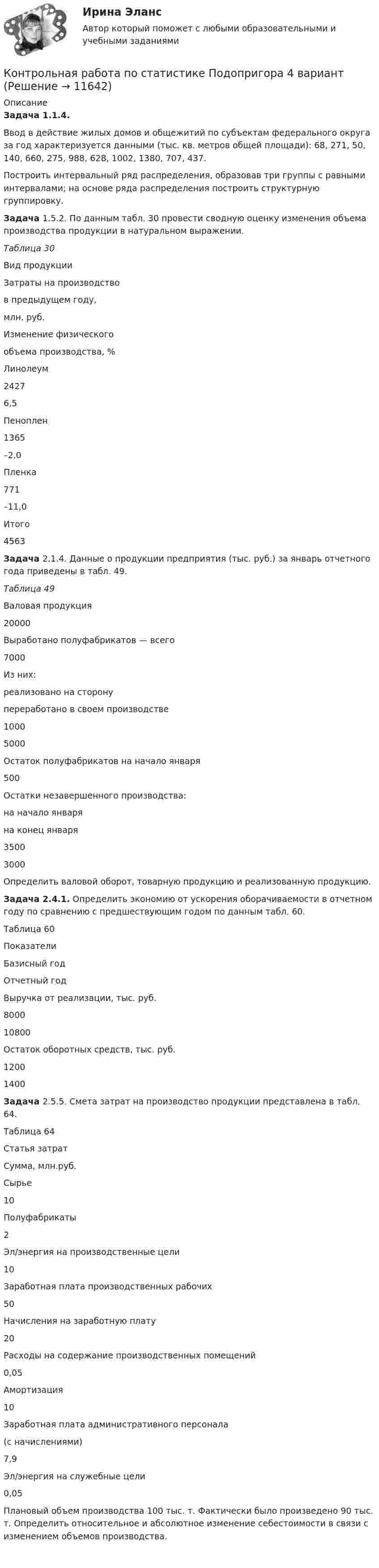      
          Описание
           Задача 1.1.4. 	Ввод в действие жилых домов и общежитий по субъектам федерального округа за год характеризуется данными (тыс. кв. метров общей площади):  68, 271, 50, 140, 660, 275, 988, 628, 1002, 1380, 707, 437.	Построить интервальный ряд распределения, образовав три группы с равными интервалами; на основе ряда распределения построить структурную группировку. Задача 1.5.2. По данным табл. 30 провести сводную оценку изменения объема производства продукции в натуральном выражении. Таблица 30  Вид продукции Затраты на производствов предыдущем году,млн. руб.  Изменение физическогообъема производства, %    Линолеум 2427 6,5   Пеноплен 1365 –2,0   Пленка 771 –11,0   Итого 4563 Задача 2.1.4. Данные о продукции предприятия (тыс. руб.) за январь отчетного года приведены в табл. 49. Таблица 49  Валовая продукция 20000   Выработано полуфабрикатов — всего 7000   Из них:реализовано на сторонупереработано в своем производстве  10005000   Остаток полуфабрикатов на начало января 500   Остатки незавершенного производства:на начало январяна конец января    35003000  	Определить валовой оборот, товарную продукцию и реализованную продукцию. Задача 2.4.1. Определить экономию от ускорения оборачиваемости в отчетном году по сравнению с предшествующим годом по данным табл. 60.	Таблица 60  Показатели Базисный год Отчетный год   Выручка от реализации, тыс. руб.  8000 10800   Остаток оборотных средств, тыс. руб. 1200 1400   Задача 2.5.5. Смета затрат на производство продукции представлена в табл. 64.	Таблица 64  Статья затрат Сумма, млн.руб.    Сырье 10   Полуфабрикаты 2   Эл/энергия на производственные цели 10   Заработная плата производственных рабочих 50   Начисления на заработную плату 20   Расходы на содержание производственных помещений 0,05   Амортизация 10   Заработная плата административного персонала(с начислениями) 7,9   Эл/энергия на служебные цели 0,05 	Плановый объем производства 100 тыс. т. Фактически было произведено 90 тыс. т. Определить относительное и абсолютное изменение себестоимости в связи с изменением объемов производства.    
            
            
            Контрольная работа по статистике Подопригора 17 вариантКонтрольная работа по статистике Подопригора 4 вариантКонтрольная работа по статистике (статистика)Контрольная работа по статистике ТУСУР (вариант 19)Контрольная работа по стратегическому менеджменту. Выделить ключевые факторы , которые следует учитывать при проведении стратегических перемен на примере Nestle ProfessionalКонтрольная работа по Стратегическому менеджменту. Стратегия развития ПАО БурятзолотоКонтрольная работа по страхованию 2 вариантКонтрольная работа по статистике, вариант 5Контрольная работа по статистике, вариант 6Контрольная работа по статистике, вариант 7Контрольная работа по статистике, вариант 7Контрольная работа по статистике, вариант 8Контрольная работа по статистике, вариант 9Контрольная работа по статистике. Задачи. ФЭК.РФ. 
