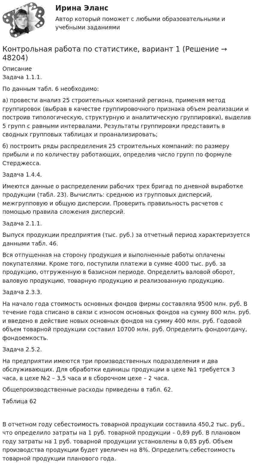     
            Описание
            	Задача 1.1.1. 	По данным табл. 6 необходимо:	а) провести анализ 25 строительных компаний региона, применяя ме­тод группировок (выбрав в качестве группировочного признака объем реа­лизации и построив типологическую, структурную и аналитическую груп­пировки), выделив 5 групп с равными интервалами. Результаты группи­ровки представить в сводных групповых таблицах и проанализировать;	б) построить ряды распределения 25 строительных компаний: по раз­меру прибыли и по количеству работающих, определив число групп по формуле Стерджесса.	Задача 1.4.4.	Имеются данные о распределении рабочих трех бригад по дневной выработке продукции (табл. 23). Вычислить: среднюю из групповых дисперсий, межгрупповую и общую дисперсии. Проверить правильность расчетов с помощью правила сложения дисперсий.  	Задача 2.1.1.	Выпуск продукции предприятия (тыс. руб.) за отчетный период характеризуется данными табл. 46.	Вся отпущенная на сторону продукция и выполненные работы оплаче­ны покупателями. Кроме того, поступили платежи в сумме 4000 тыс. руб. за продукцию, отгруженную в базисном периоде. Определить валовой оборот, валовую продукцию, товарную продукцию и реализованную продукцию.	Задача 2.3.3.	На начало года стоимость основных фондов фирмы составляла 9500 млн. руб. В течение года списано в связи с износом основных фондов на сумму 800 млн. руб. и введено в действие новых основных фондов на сумму 400 млн. руб. Годовой объем товарной продукции составил 10700 млн. руб. Определить фондоотдачу, фондоемкость.	Задача 2.5.2.	На предприятии имеются три производственных подраз­деления и два обслуживающих. Для обработки единицы продукции в цехе №1 требуется 3 часа, в цехе №2 – 3,5 часа и в сборочном цехе – 2 часа.	Общепроизводственные расходы приведены в табл. 62.	Таблица 62	В отчетном году себестоимость товарной продукции составила 450,2 тыс. руб., что определило затраты на 1 руб. товарной продукции – 0,89 руб. В плановом году затраты на 1 руб. товарной продукции установлены в 0,85 руб. Объем производства продукции будет увеличен на 8%. Определить себе­стоимость товарной продукции планового года.  
            
            
            Контрольная работа по статистике: 8 задач + реферат на тему «Статистический анализ доходов и расходов населения России (за последние 5 лет)» Контрольная работа по статистике, вариант 1Контрольная работа по статистике, Вариант 1Контрольная работа по статистике. Вариант 1.Контрольная работа по статистике, вариант 10Контрольная работа по статистике, вариант 11Контрольная работа по статистике, вариант 12Контрольная работа по статистикеКонтрольная работа по статистикеКонтрольная работа по статистикеКонтрольная работа по статистикеКонтрольная работа по статистикеКонтрольная работа по статистикеКонтрольная работа по Статистике