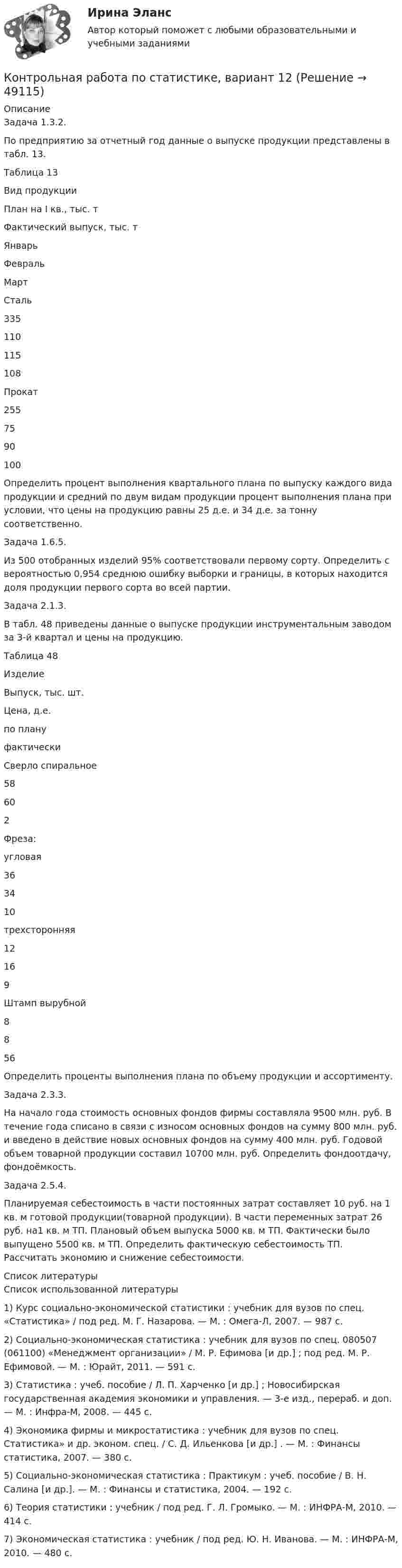     
            Описание
            Задача 1.3.2.По предприятию за отчетный год данные о выпуске продукции представлены в табл. 13.Таблица 13  Вид продукции План на I кв., тыс. т Фактический выпуск, тыс. т   Январь Февраль Март   Сталь 335 110 115 108   Прокат 255 75 90 100  Определить процент выполнения квартального плана по выпуску каждого вида продукции и средний по двум видам продукции процент выполнения плана при условии, что цены на продукцию равны 25 д.е. и 34 д.е. за тонну соответственно.Задача 1.6.5.Из 500 отобранных изделий 95% соответствовали первому сорту. Определить с вероятностью 0,954 среднюю ошибку выборки и границы, в которых находится доля продукции первого сорта во всей партии.Задача 2.1.3.В табл. 48 приведены данные о выпуске продукции инструментальным заводом за 3-й квартал и цены на продукцию.Таблица 48  Изделие Выпуск, тыс. шт. Цена, д.е.   по плану фактически   Сверло спиральное 58 60 2   Фреза:                 угловая 36 34 10              трехсторонняя 12 16 9   Штамп вырубной 8 8 56  Определить проценты выполнения плана по объему продукции и ассортименту.Задача 2.3.3.На начало года стоимость основных фондов фирмы составляла 9500 млн. руб. В течение года списано в связи с износом основных фондов на сумму 800 млн. руб. и введено в действие новых основных фондов на сумму 400 млн. руб. Годовой объем товарной продукции составил 10700 млн. руб. Определить фондоотдачу, фондоёмкость.Задача 2.5.4.Планируемая себестоимость в части постоянных затрат составляет 10 руб. на 1 кв. м готовой продукции(товарной продукции). В части переменных затрат 26 руб. на1 кв. м ТП. Плановый объем выпуска 5000 кв. м ТП. Фактически было выпущено 5500 кв. м ТП. Определить фактическую себестоимость ТП. Рассчитать экономию и снижение себестоимости.  
            Список литературы
            Список использованной литературы1)      Курс социально-экономической статистики : учебник для вузов по спец. «Статистика» / под ред. М. Г. Назарова. — М. : Омега-Л, 2007. — 987 с. 2)      Социально-экономическая статистика : учебник для вузов по спец. 080507 (061100) «Менеджмент организации» / М. Р. Ефимова [и др.] ; под ред. М. Р. Ефимовой. — М. : Юрайт, 2011. — 591 с. 3)      Статистика : учеб. пособие / Л. П. Харченко [и др.] ; Новосибирская государственная академия экономики и управления. — 3-е изд., перераб. и доп. — М. : Инфра-М, 2008. — 445 с. 4)      Экономика фирмы и микростатистика : учебник для вузов по спец. Статистика» и др. эконом. спец. / С. Д. Ильенкова [и др.] . — М. : Финансы статистика, 2007. — 380 с. 5)      Социально-экономическая статистика : Практикум : учеб. пособие / В. Н. Салина [и др.]. — М. : Финансы и статистика, 2004. — 192 с. 6)      Теория статистики : учебник / под ред. Г. Л. Громыко. — М. : ИНФРА-М, 2010. — 414 с. 7)      Экономическая статистика : учебник / под ред. Ю. Н. Иванова. — М. : ИНФРА-М, 2010. — 480 с. 
            
            
            Контрольная работа по статистике, вариант 11Контрольная работа по статистике, вариант 12Контрольная работа по статистике, вариант 13Контрольная работа по статистике, вариант 14Контрольная работа по статистике, вариант 15Контрольная работа по статистике, вариант 16Контрольная работа по статистике, вариант 17Контрольная работа по статистикеКонтрольная работа по СтатистикеКонтрольная работа по статистике (8 вариант)Контрольная работа по статистике: 8 задач + реферат на тему «Статистический анализ доходов и расходов населения России (за последние 5 лет)» Контрольная работа по статистике, вариант 1Контрольная работа по статистике, Вариант 1Контрольная работа по статистике. Вариант 1.
