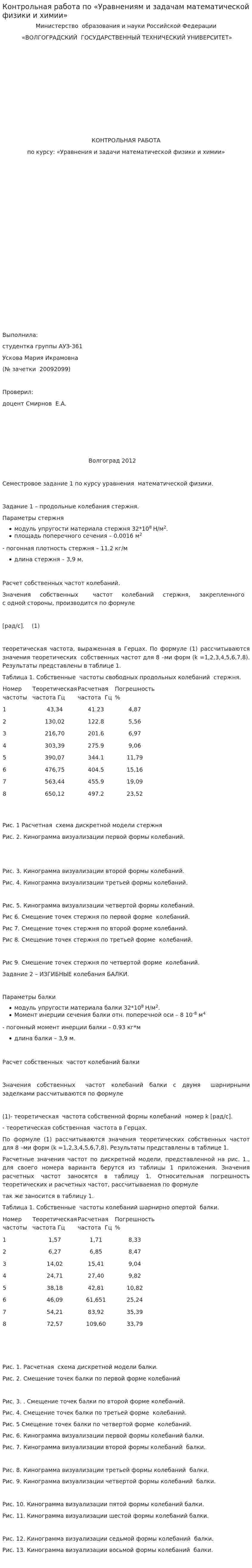 Контрольная работа по «Уравнениям и задачам математической физики и химии»