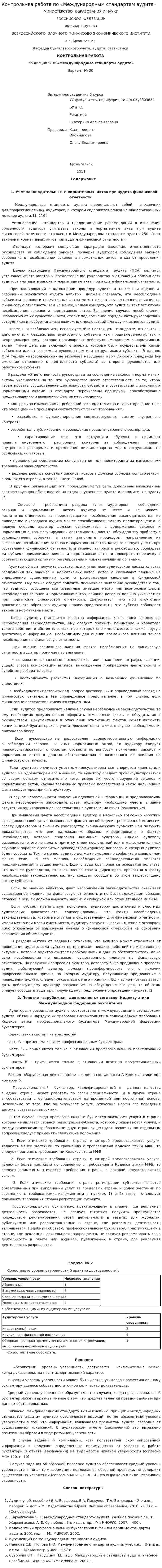 Контрольняа работа по «Международным стандартам аудита»