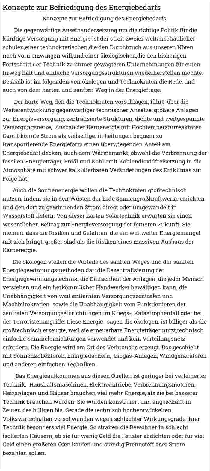 Konzepte zur Befriedigung des Energiebedarfs