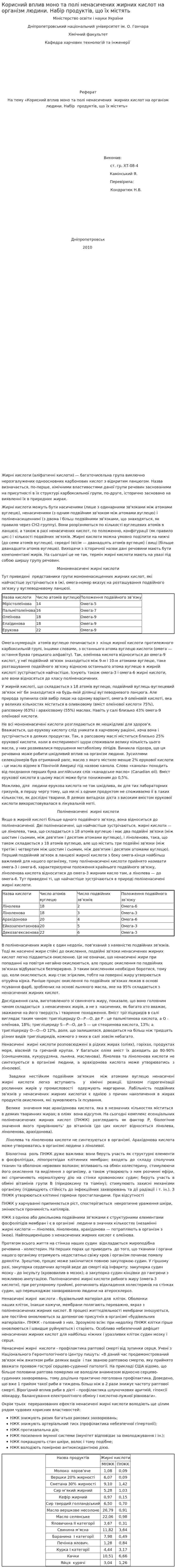 Корисний вплив моно та полі ненасичених жирних кислот на організм людини. Набір продуктів, що їх містять