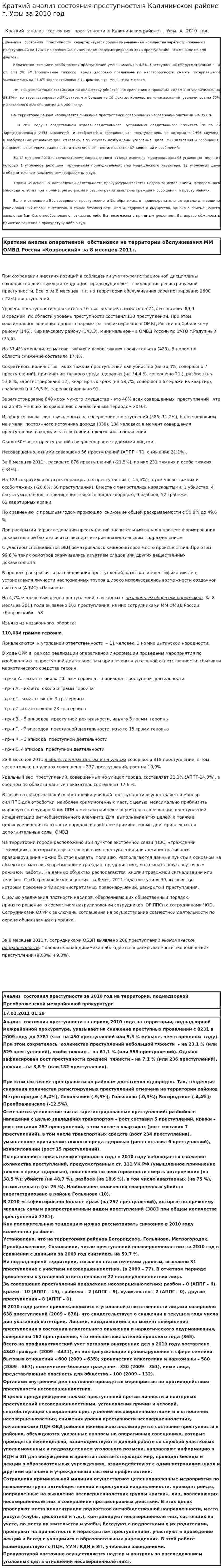 Краткий анализ состояния преступности в Калининском районе г. Уфы за 2010 год