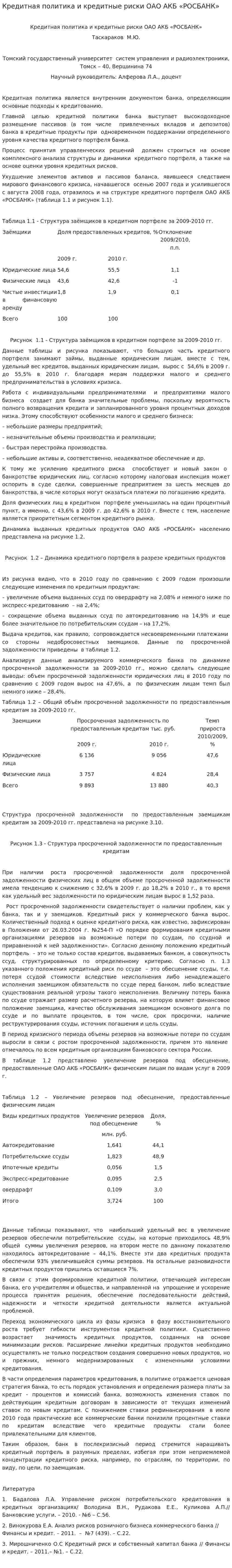 Кредитная политика и кредитные риски ОАО АКБ «РОСБАНК»