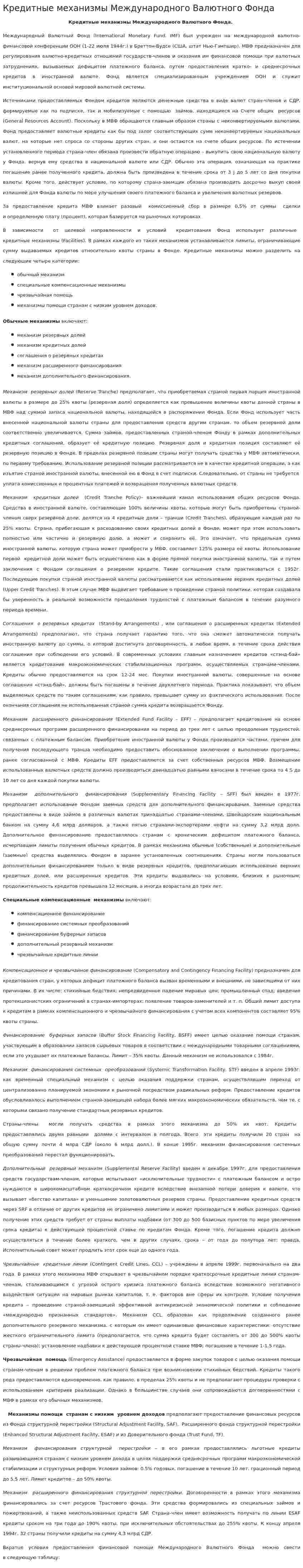 Кредитные механизмы Международного Валютного Фонда
