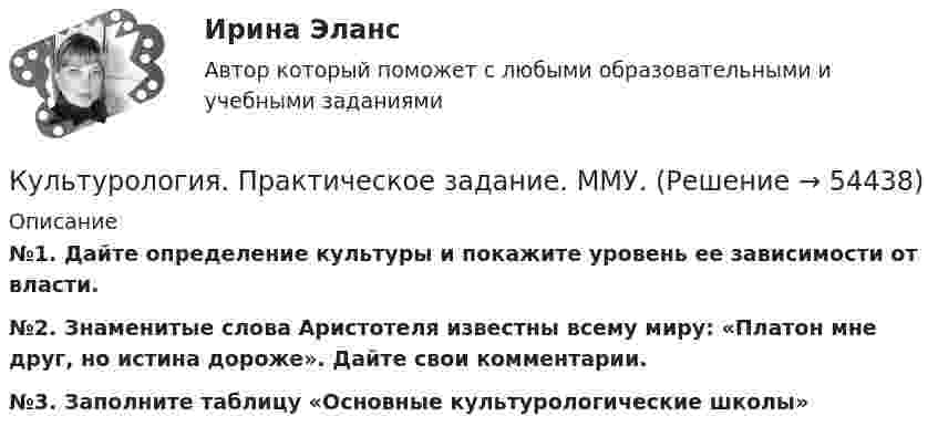      
            Описание
            №1. Дайте определение культуры и покажите уровень ее зависимости от власти. №2. Знаменитые слова Аристотеля известны всему миру: «Платон мне друг, но истина дороже». Дайте свои комментарии.  №3. Заполните таблицу «Основные культурологические школы»  
            
            
            Культурология Практическое задание 2 НСПККультурология. Практическое задание. ММУ.Культурология. Практическое задание. МУМ.Культурология Практическое занятие 1. Задание 5 ( кроссворд)  НСПККультурология  Практическое занятие 1. Задания 1-4, 6-9  НСПККультурология Практическое занятие 1. Задания 1-4, 6-9  НСПККультурология Практическое занятие №2  НСПККультурология НСПК Тестовые вопросы к разделу 2Культурология НСПК Тестовые вопросы к разделу 2 Тест 2Культурология НСПК Тестовые вопросы к разделу 3Культурология НСПК Тестовые вопросы к разделу 3 Тест 3Культурология НСПК Тестовые вопросы к разделу 4Культурология НСПК Тестовые вопросы к разделу 5Культурология НСПК Тестовые вопросы к разделу 6