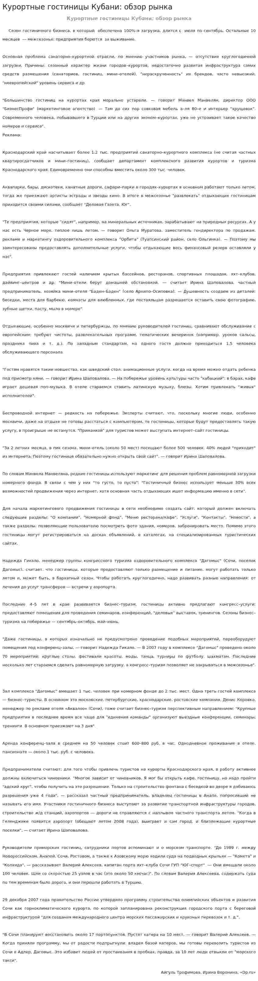 Курортные гостиницы Кубани: обзор рынка