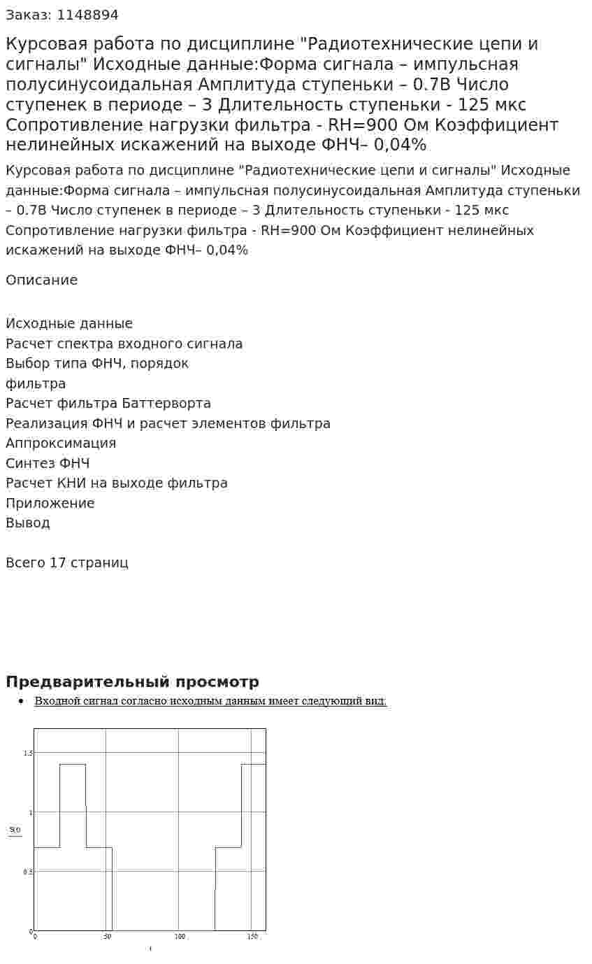 Курсовая работа по дисциплине "Радиотехнические цепи и сигналы"	Исходные данные:Форма сигнала – импульсная полусинусоидальная  	Амплитуда ступеньки – 0.7B 	Число ступенек в периоде – 3 	Длительность ступеньки - 125 мкс 	Сопротивление нагрузки фильтра - RH=900 Ом 	Коэффициент нелинейных искажений на выходе ФНЧ– 0,04%  