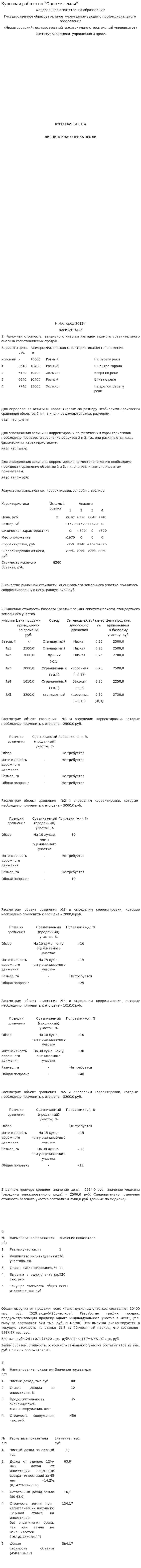 Курсовая работа по "Оценке земли"