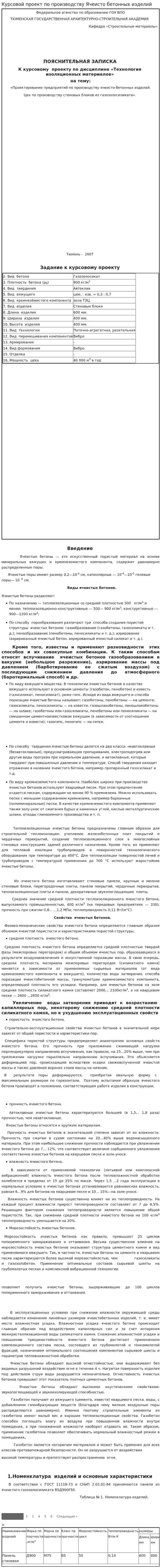 Курсовой проект по производству Ячеисто бетонных изделий