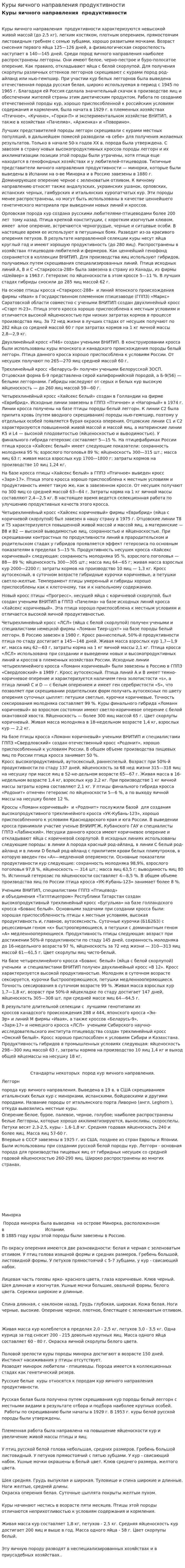 Куры яичного направления продуктивности