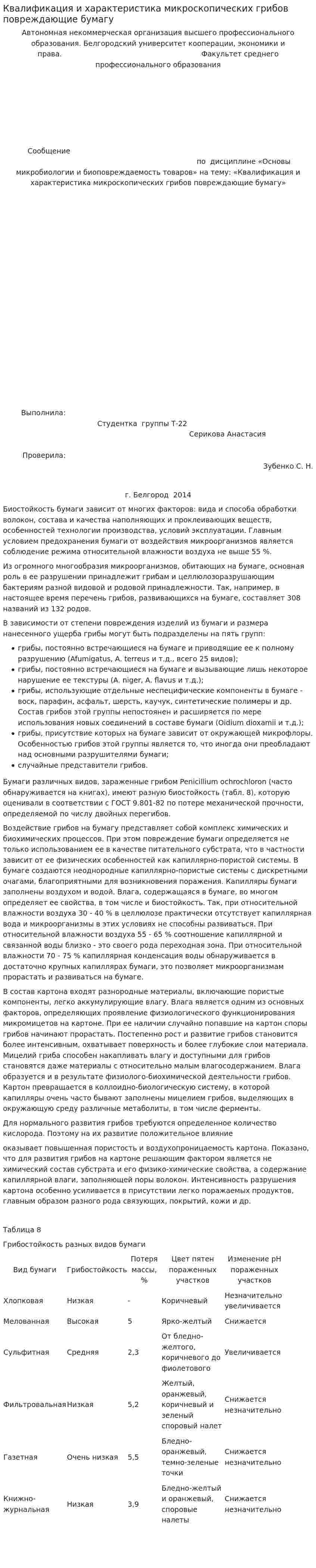 Квалификация и характеристика микроскопических грибов повреждающие бумагу