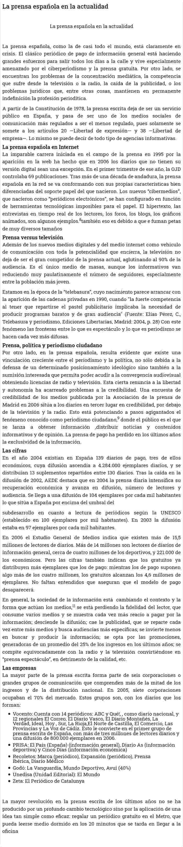 La prensa española en la actualidad