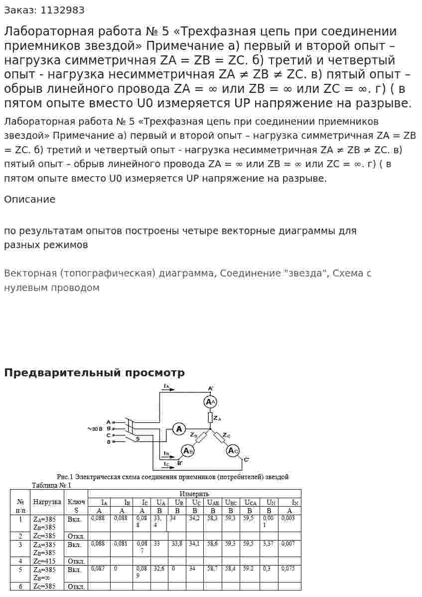 Лабораторная работа № 5 «Трехфазная цепь при соединении приемников звездой» Примечание а) первый и второй опыт – нагрузка симметричная ZA = ZB = ZC. б) третий и четвертый опыт -  нагрузка несимметричная ZA ≠ ZB ≠ ZC. в) пятый опыт – обрыв линейного провода ZA =  ∞ или ZB = ∞  или ZC = ∞.  г) ( в пятом опыте вместо U0 измеряется UР напряжение на разрыве. 