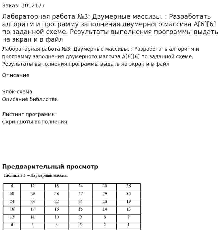 Лабораторная работа №3: Двумерные массивы. : Разработать алгоритм и программу заполнения двумерного массива А[6][6] по заданной схеме. Результаты выполнения программы выдать на экран и в файл 