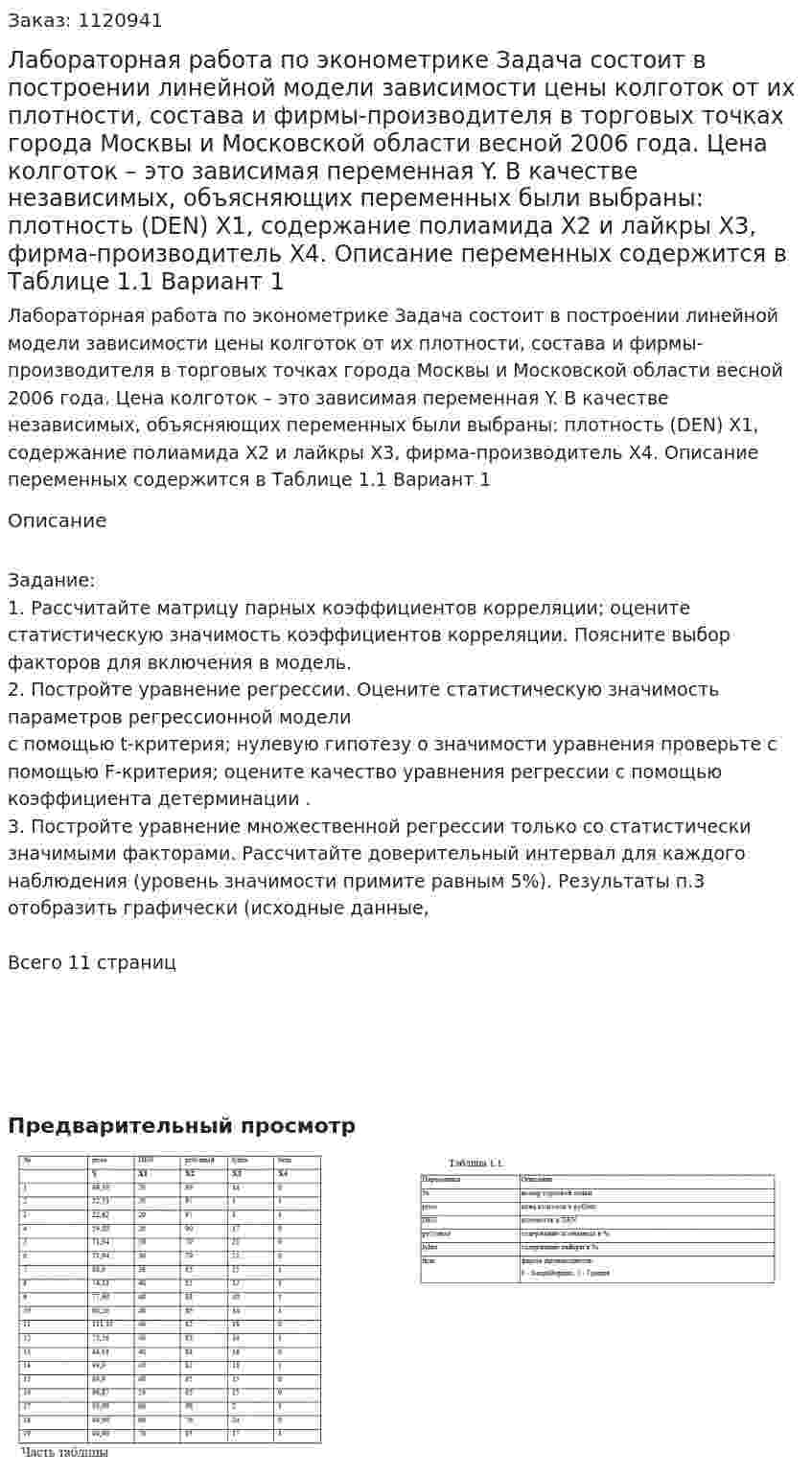 Лабораторная работа по эконометрике  Задача состоит в построении линейной модели зависимости цены колготок от их плотности, состава и фирмы-производителя в торговых точках города Москвы и Московской области весной 2006 года. Цена колготок – это зависимая переменная Y. В качестве независимых, объясняющих переменных были выбраны: плотность (DEN) X1, содержание полиамида X2 и лайкры X3, фирма-производитель X4. Описание переменных содержится в Таблице 1.1 Вариант 1 