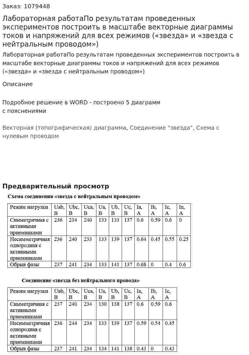 Лабораторная работаПо результатам проведенных экспериментов построить в масштабе векторные диаграммы токов и напряжений для всех режимов («звезда» и «звезда с нейтральным проводом») 