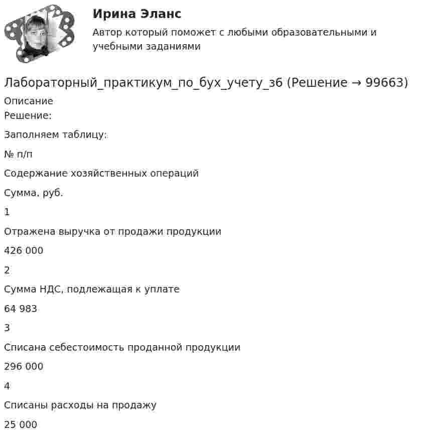      
            Описание
            Решение:Заполняем таблицу:  № п/п Содержание хозяйственных операций Сумма, руб.   1 Отражена выручка от продажи продукции 426 000   2 Сумма НДС, подлежащая к уплате 64 983   3 Списана себестоимость проданной продукции 296 000   4 Списаны расходы на продажу 25 000    
            
            
            Лабораторный_практикум_по_бух_учету_з5Лабораторный_практикум_по_бух_учету_з6Лабораторный практикум по бух.учёту СИБУПК 3 курск Задание 75%Лабораторный практикум по бух.учёту СИБУПК 3 курск Итоговый тест 71,40%Лабораторный практикум по бух.учёту СИБУПК 3 курск Тест 1-4 100%Лабораторный практикум по бух.учёту СИБУПК 3 курск Тест  5 - 80%,6- 100%,7 - 70%,8 - 80%Лабораторный практикум по финансовому учету ММУ 2023г.Лабораторный практикум по бухгалтерскому учету. РосдистантЛабораторный практикум по бухгалтерскому учету рр 1 в 17💯 Лабораторный практикум по бухгалтерскому учету (сквозная задача по финансовому учету и управленческому учету) (все ответы на тест Синергия / МТИ / МосАП, сентябрь 2022)Лабораторный практикум по бухгалтерскому учету (тест с ответами Синергия/МОИ/ МТИ)Лабораторный практикум по бухгалтерскому учету часть 2. НГУЭУ. Вариант 4. Лабораторный_практикум_по_бух_учету_з1Лабораторный_практикум_по_бух_учету_з2