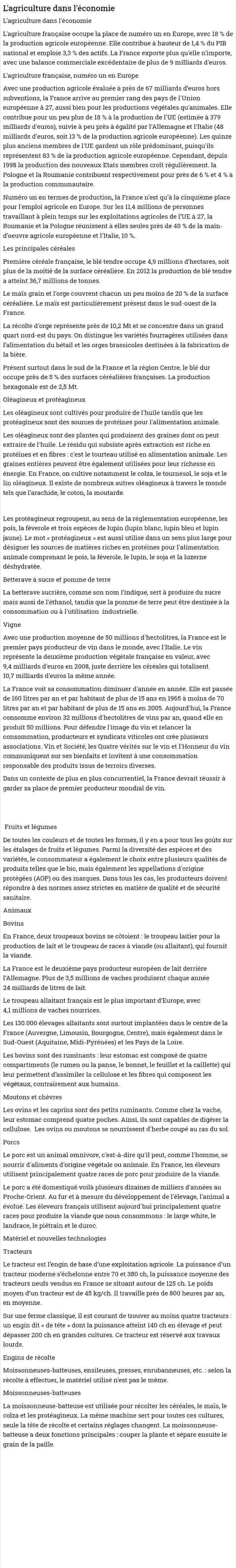 L'agriculture dans l'économie